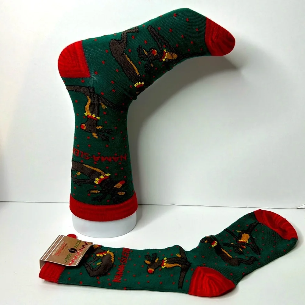 YOGA Reindeer NAMA-SLEIGH Holiday Christmas‎ Crew Funny Socks Women’s NWT